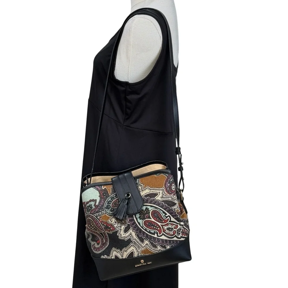 Spartina 449 Daufuskie Island Paisley Crossbody Bucket Bag Tassel Linen Leather